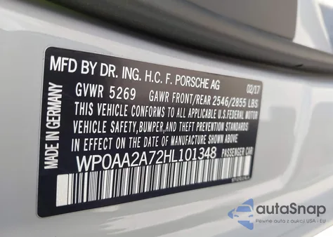 2017 Porsche Panamera 4 z USA, uszkodzony, nr VIN WP0AA2A72HL101348